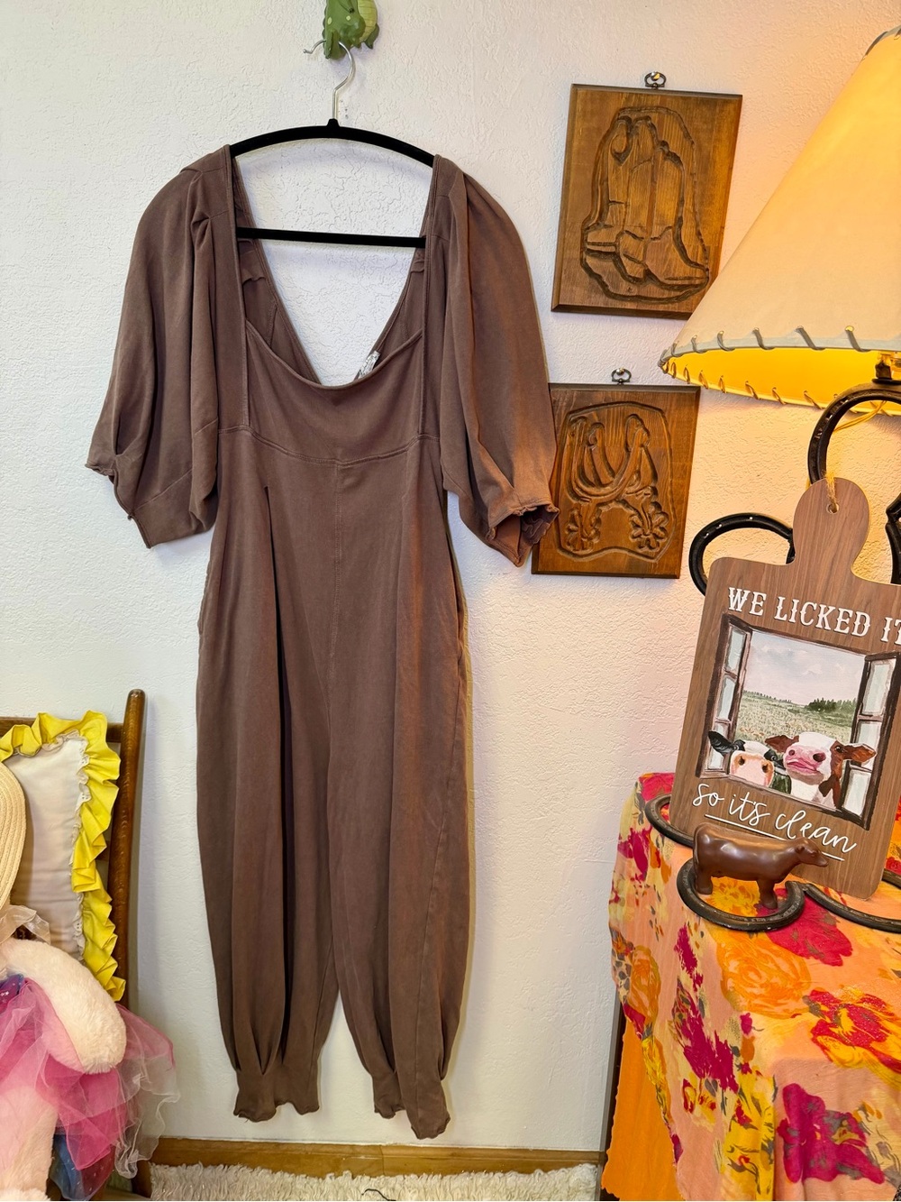 Intimately Free People Off Shoulder Empire Waist Jogger Harem Jumpsuit XS Brown - Picture 2 of 16